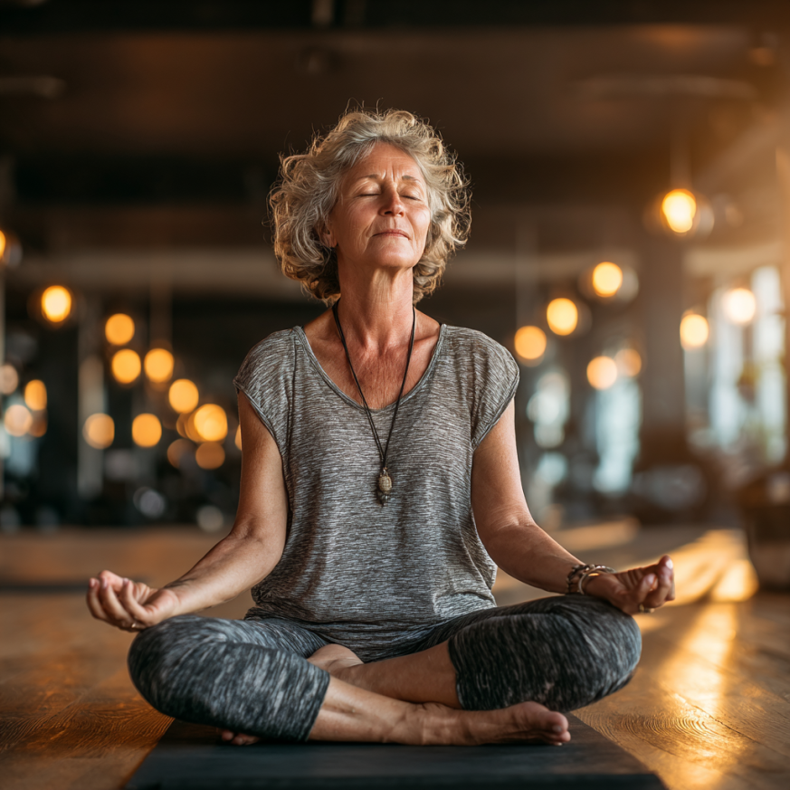 Літня жінка практикує йогу